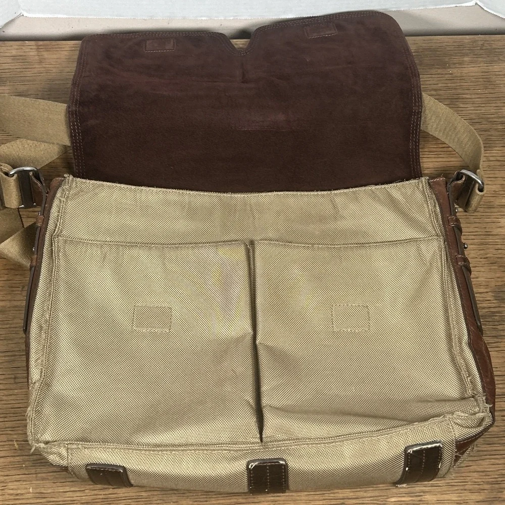 Fossil Messenger Bag Men's Green Brown Nylon Leather Case Carry Distressed